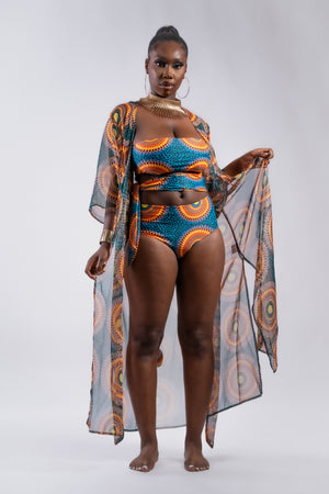 Ouvrir l&#39;image dans le diaporama, Tropikana - Maillot de bain Trikini &amp; kimono - Wax africain
